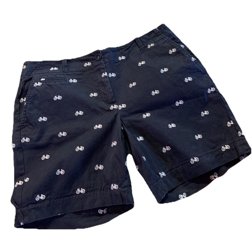 Talbots Chino Shorts Navy Blue Embroidered Bicycle Print Sz 12 Preppy Summer Fun